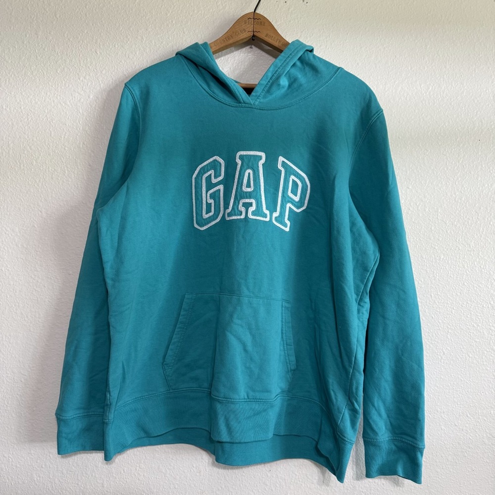 Gap Logo Fleece Hoodie Womens XL Blue Teal Harmony Pockets‎ Spellout Pullover